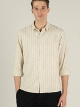 Linen Blend Vertical Stripe Tailored Fit Casual Shirt - BEIGE STRIPE