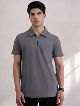 100% Breathable Cotton Zipper Polo T-Shirt - Grey