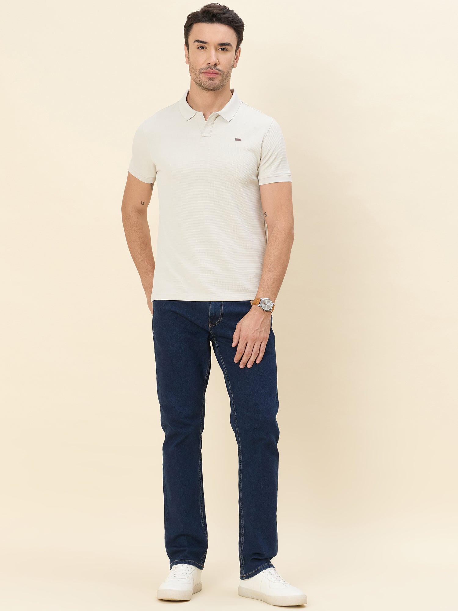 Engineered Waffle-Dobby Performance Polo — Light Beige