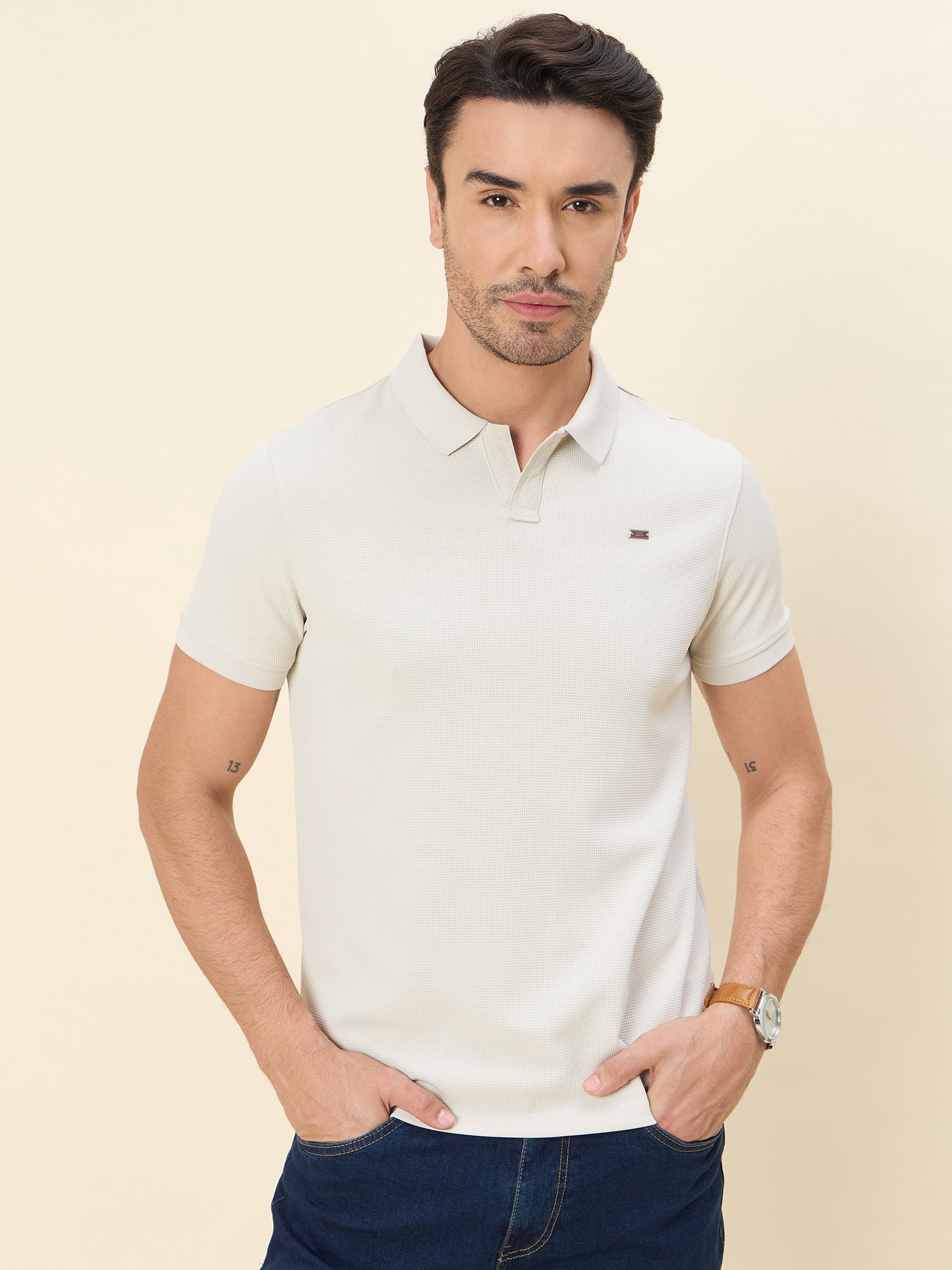 Engineered Waffle-Dobby Performance Polo — Light Beige