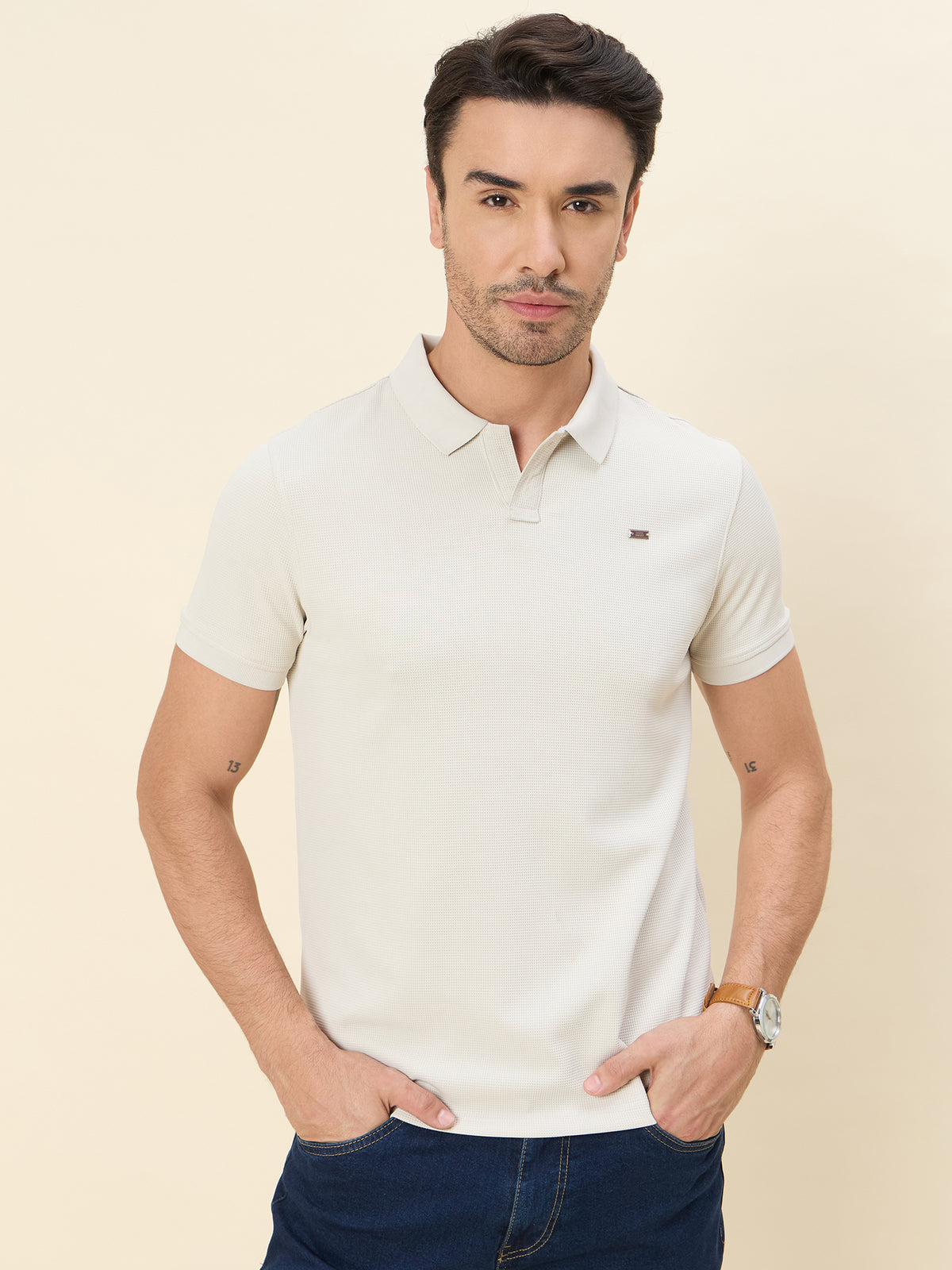 Engineered Waffle-Dobby Performance Polo — Light Beige