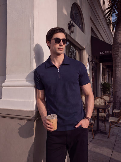 100% Breathable Cotton Zipper Polo T-Shirt - Navy Blue