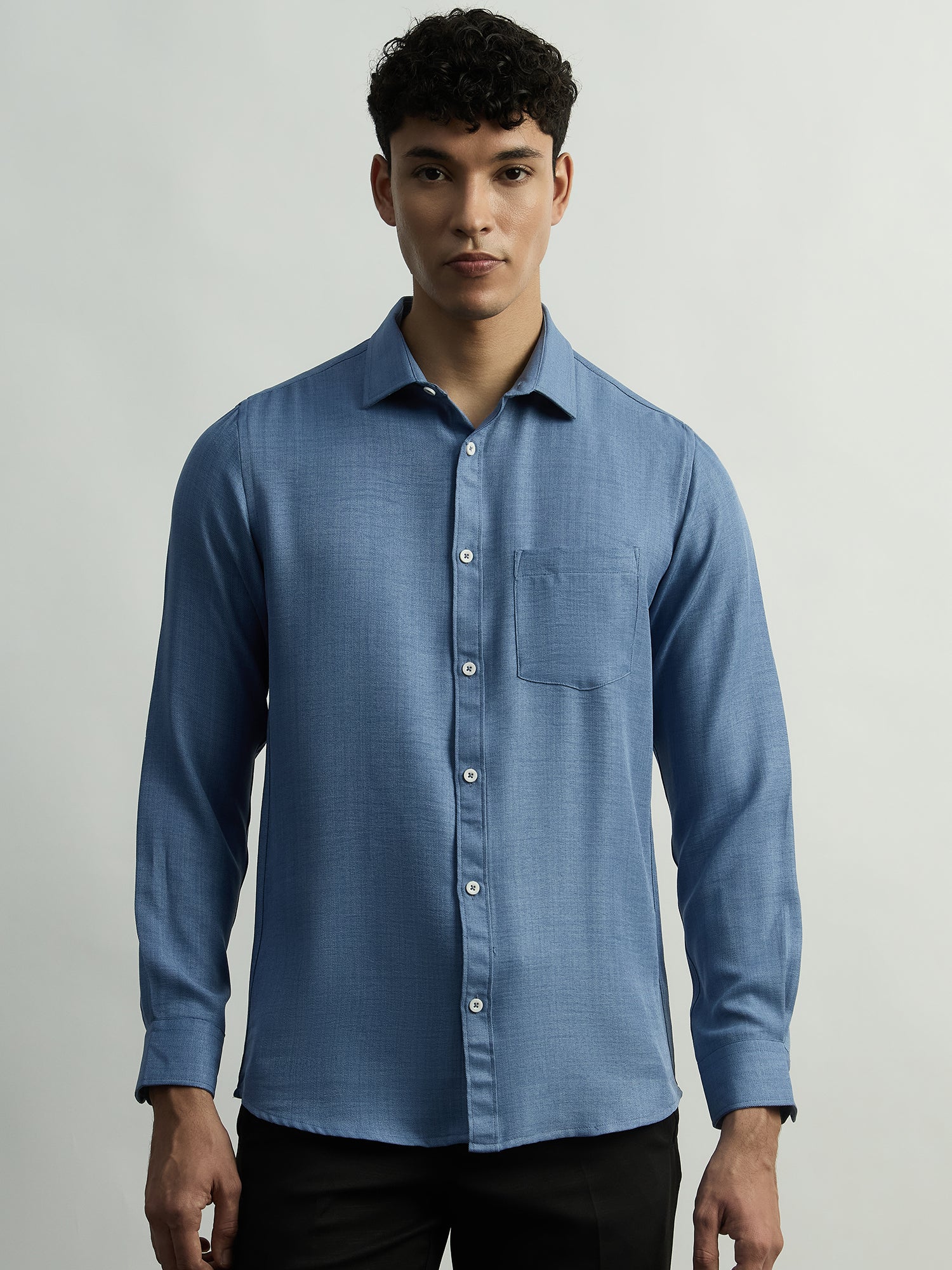 Linen-Look Regular Fit Casual Shirt - Blue