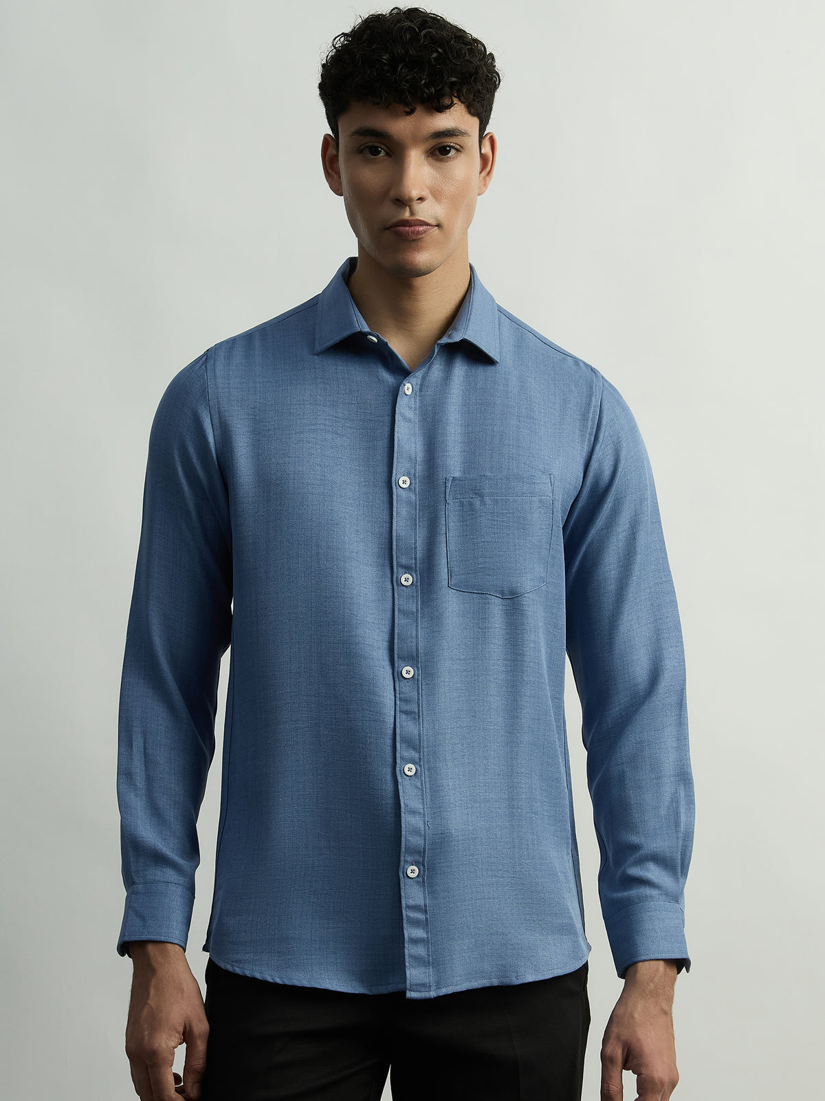 Linen-Look Regular Fit Casual Shirt - Blue