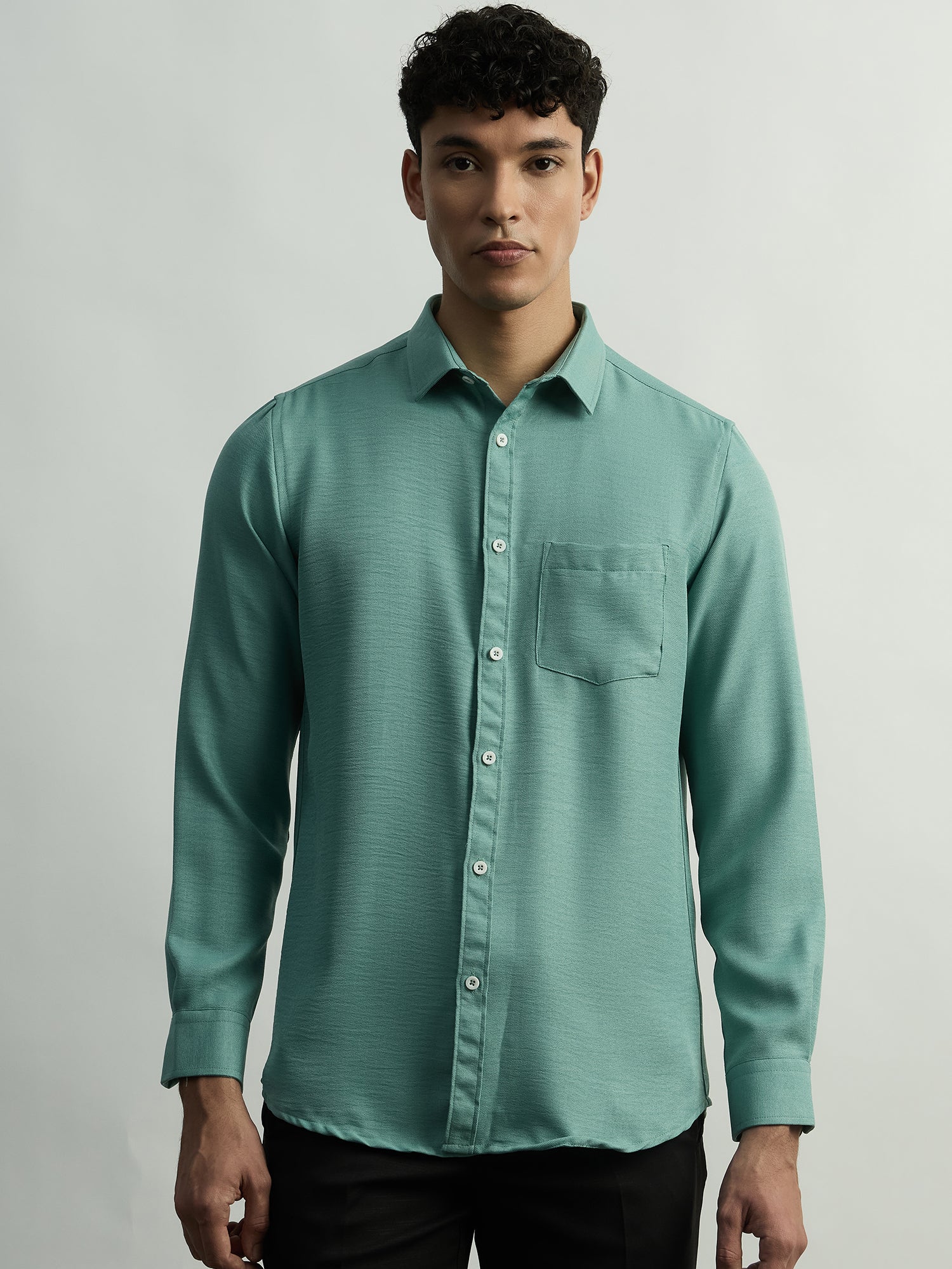 Linen-Look Regular Fit Casual Shirt - Green