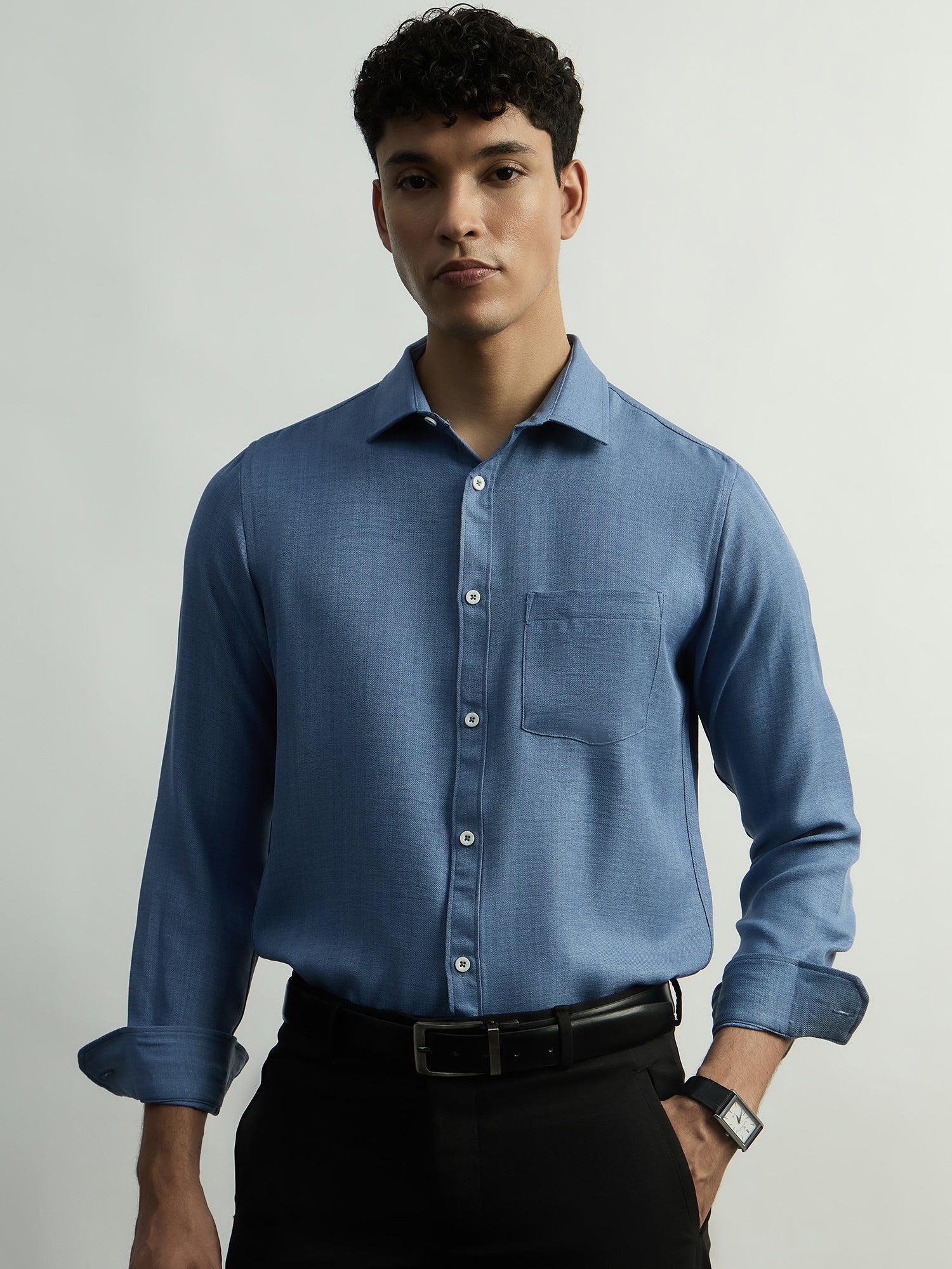 Linen-Look Regular Fit Casual Shirt - Blue