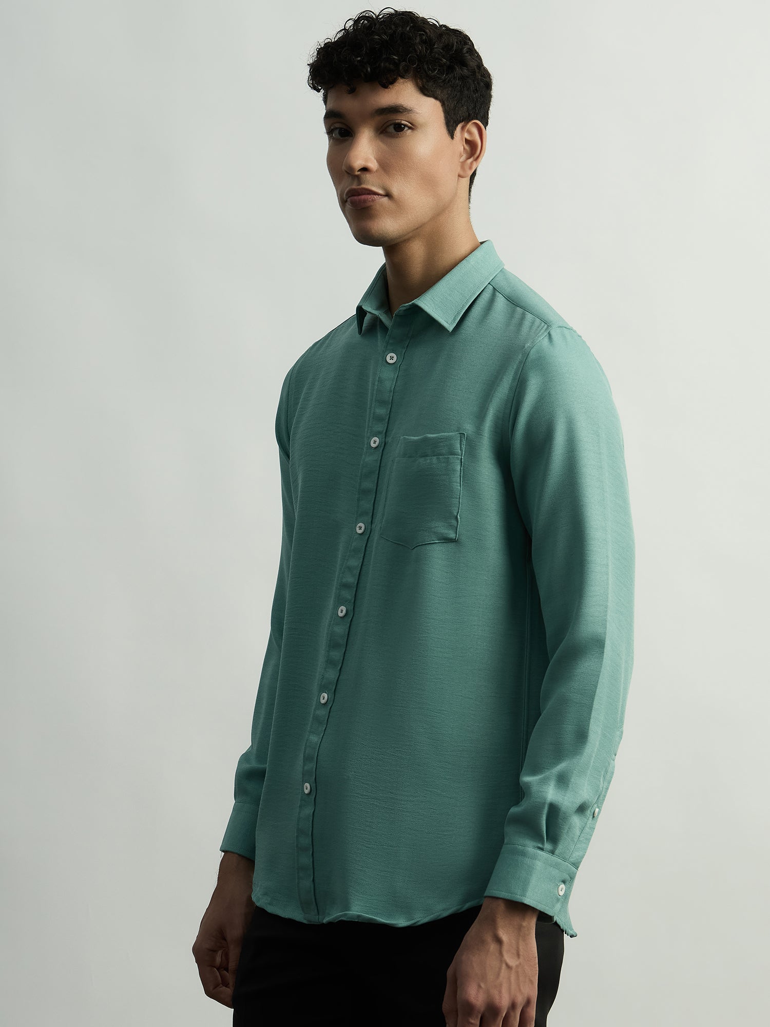 Linen-Look Regular Fit Casual Shirt - Green