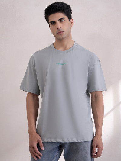 100% Cotton Oversized Printed Crew Neck Tee - Light Grey