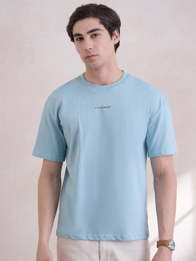 100% Cotton Oversized Printed Crew Neck Tee - Aqua Blue