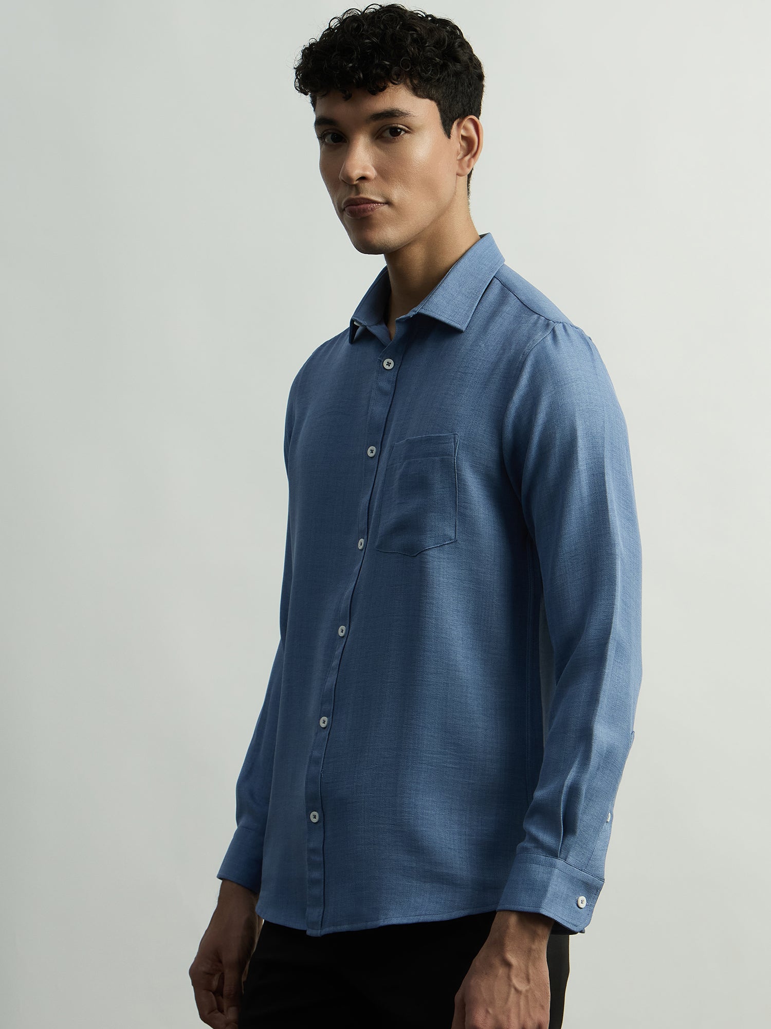 Linen-Look Regular Fit Casual Shirt - Blue