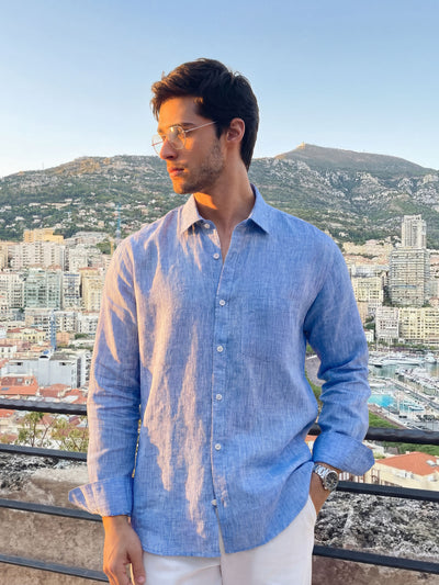 100% European Linen Regular-Fit Linen Shirt - Dark Blue