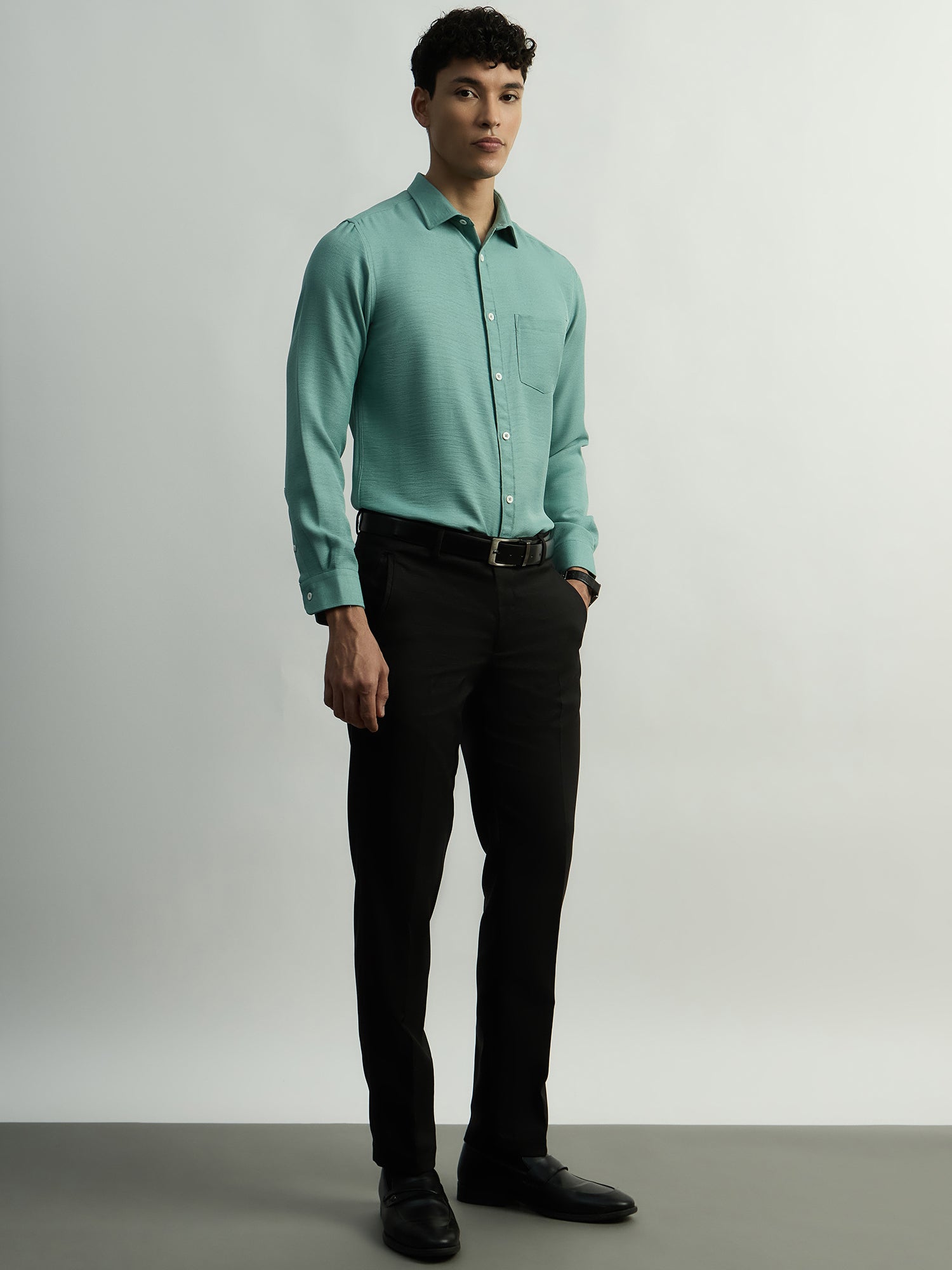 Linen-Look Regular Fit Casual Shirt - Green