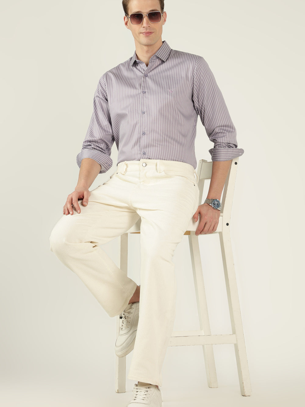 Cotton Formal Shirt - Purple Stripe With White Pant