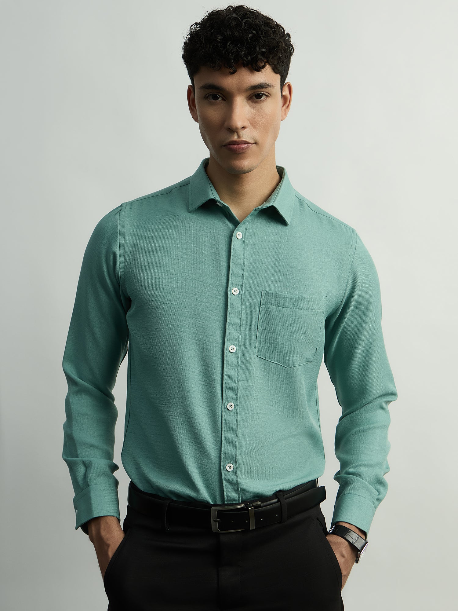 Linen-Look Regular Fit Casual Shirt - Green