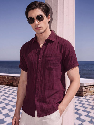 Super Smooth Textured Double Cloth Shirt - Maroon