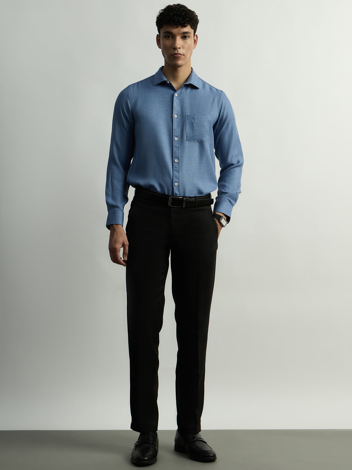 Linen-Look Regular Fit Casual Shirt - Blue