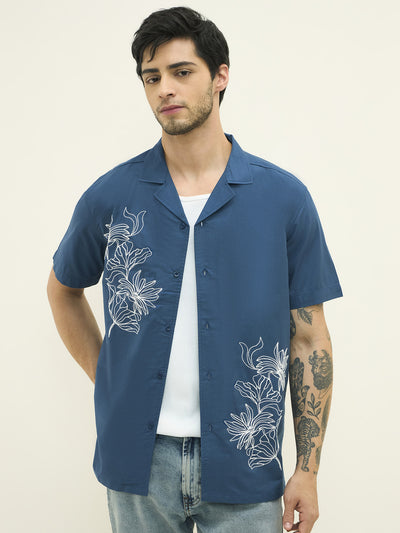 Classic Heritage Resort Collar Oversized Embrodery Shirt - Navy Blue