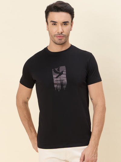 100% Cotton Printed Refined Basic Regular-Fit Crew Tee - BLACK