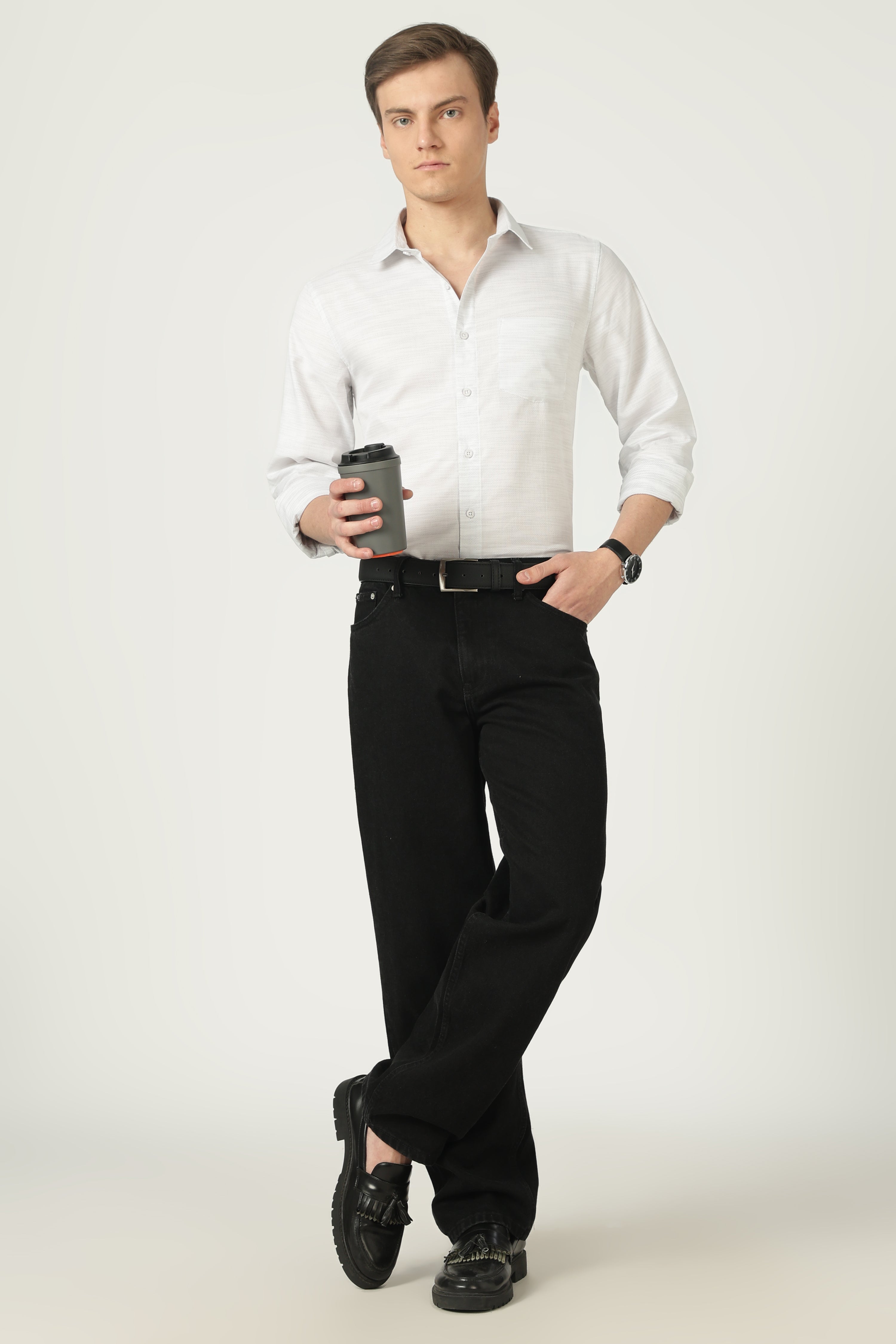 Azure Weft Luxe Cotton Shirt-White Weft Stripe