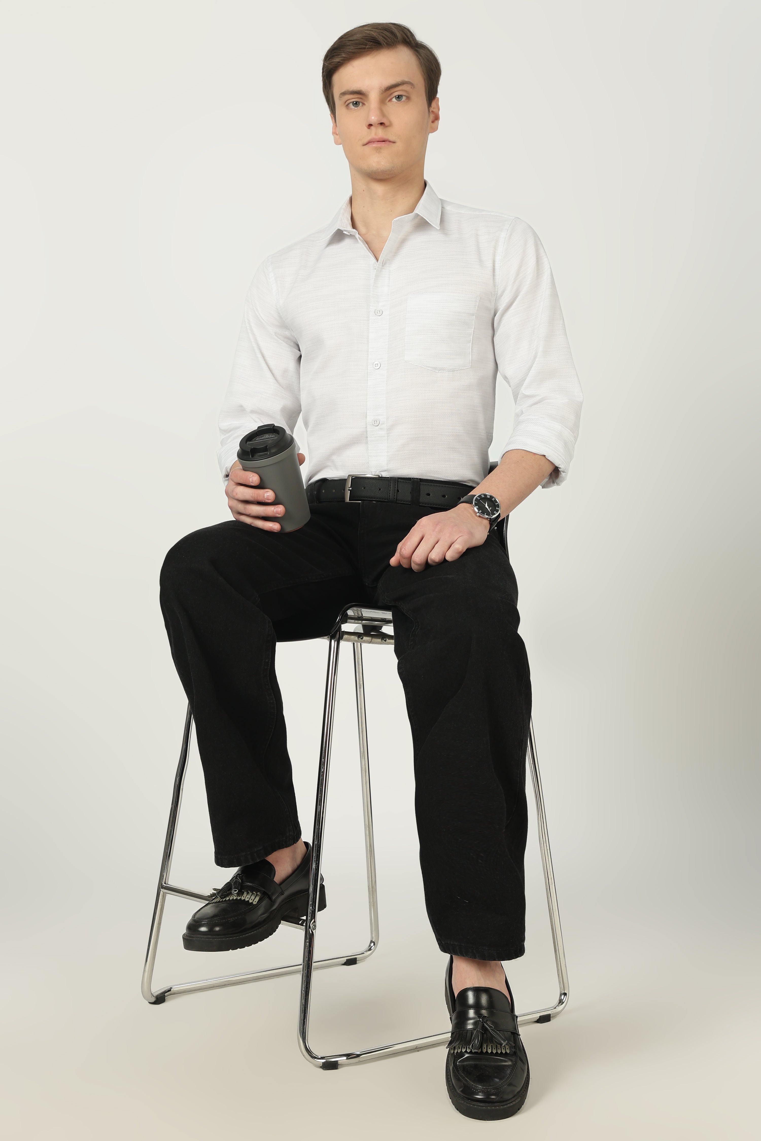 Azure Weft Luxe Cotton Shirt-White Weft Stripe