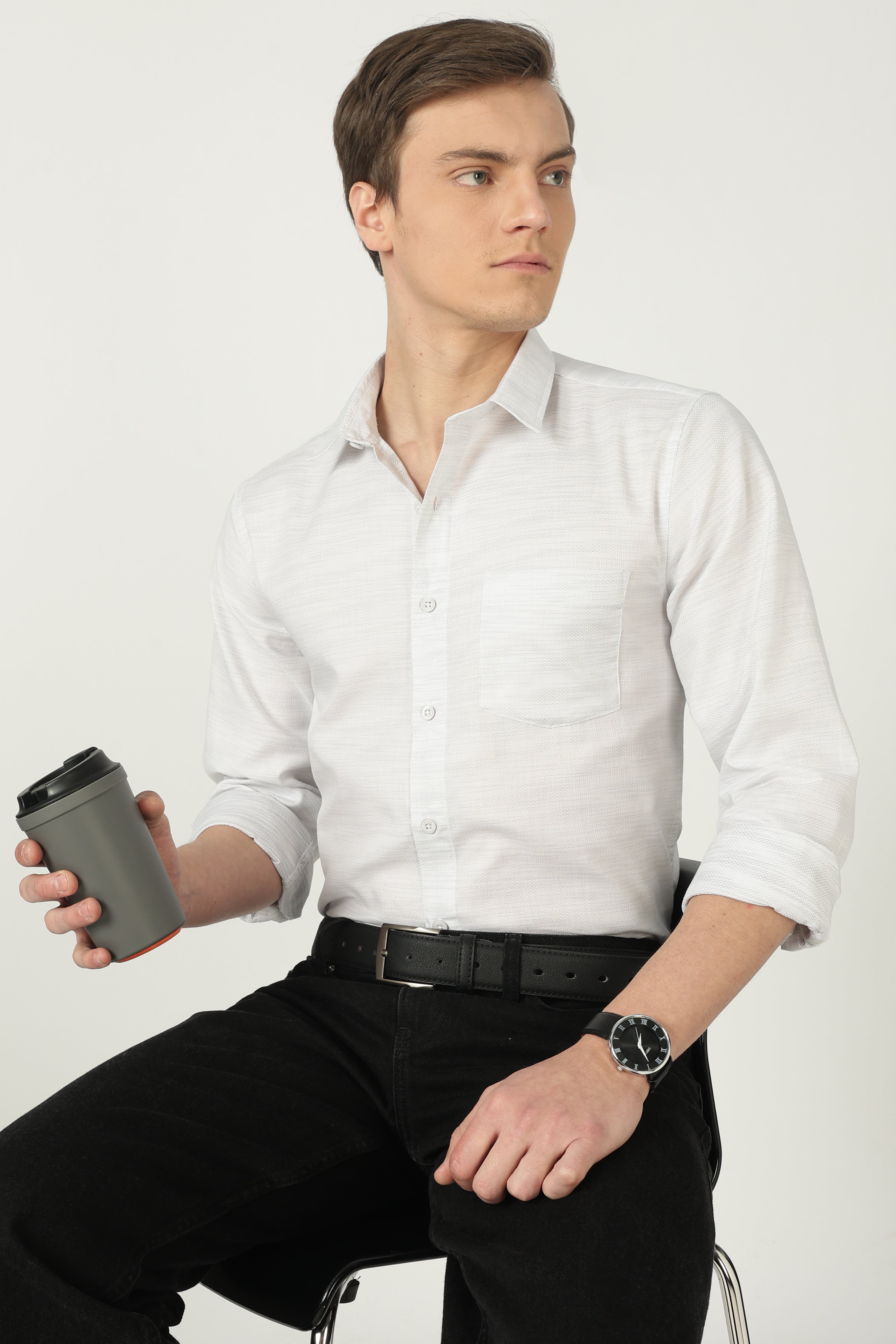 Azure Weft Luxe Cotton Shirt-White Weft Stripe