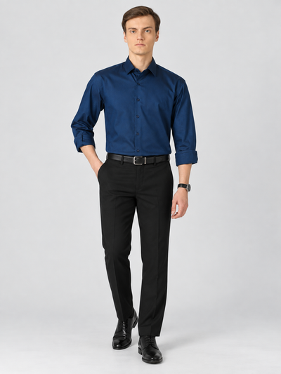 Bayesian Luxury Cotton Oxford Special Weave Regular Fit Formal Shirt - Navy Blue