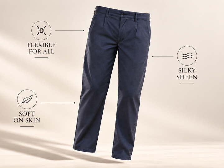 All Day Comfort Easy to Iron Cotton Lyocell Stretch Trouser - Blue