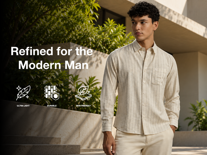 Linen Cotton Cellulosic Blend Slim Shirt - BEIGE STRIPE