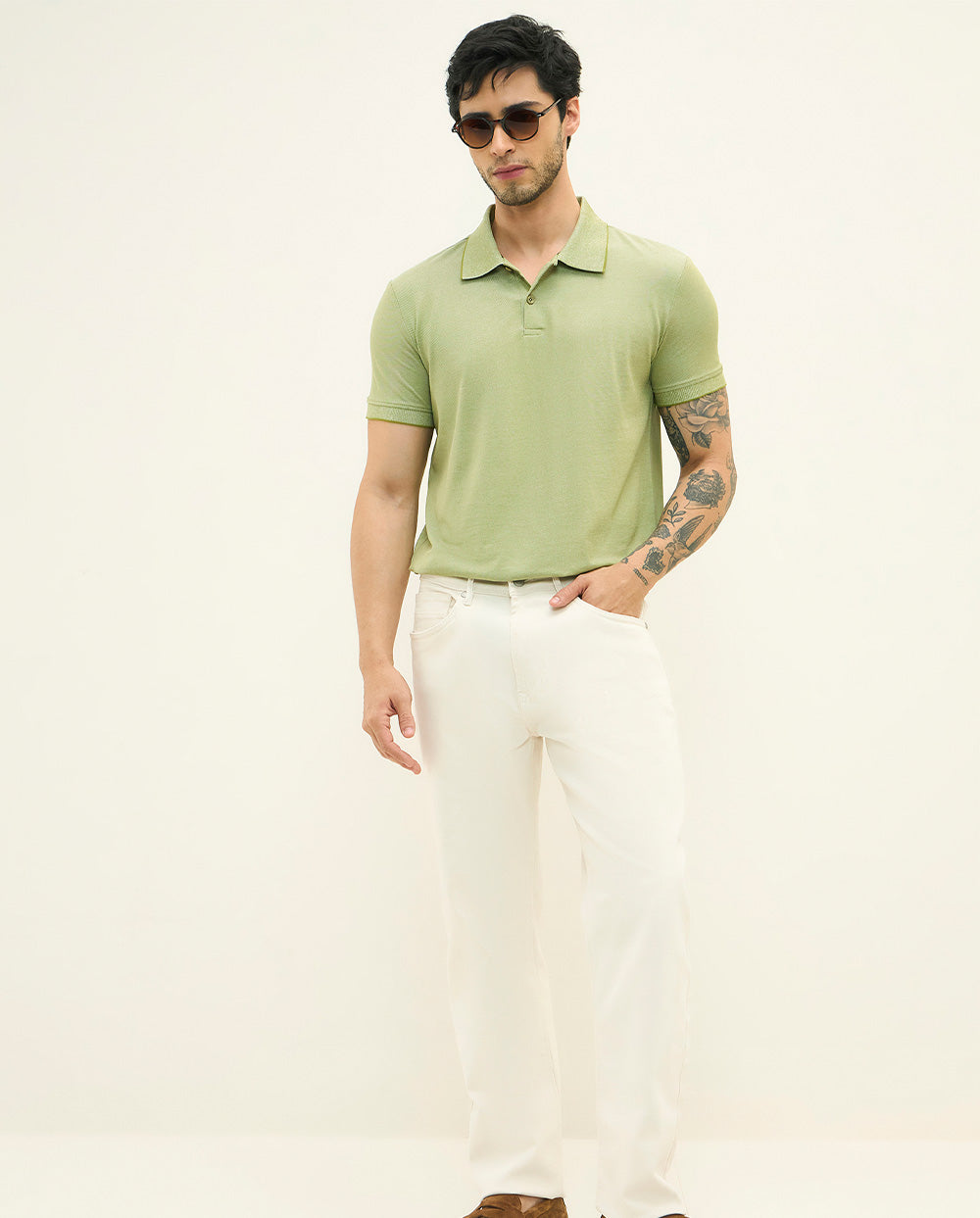 Bird Eye Weave Green Polo-T-Shirt Regular Fit