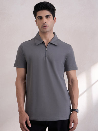 100% Breathable Cotton Zipper Polo T-Shirt - Grey