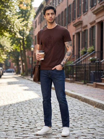100% Premium Cotton Flock Print Regular-Fit Crew Tee - Dark Brown