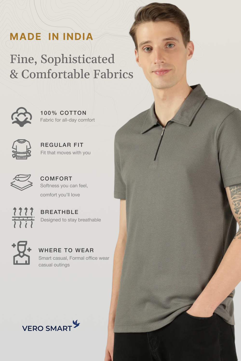 Airease Cotton Grey Polo-T-Shirt Regular Fit